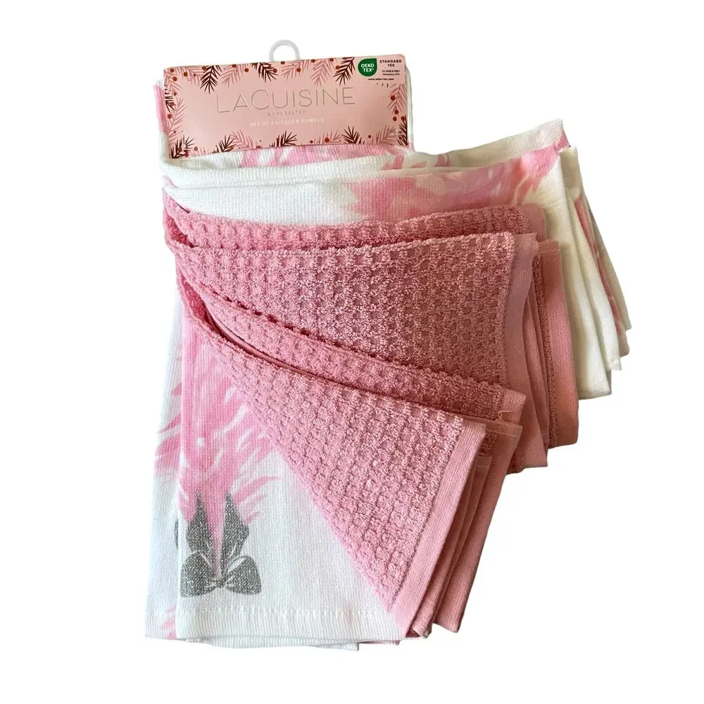Pink Christmas Tree Kitchen Towels w/ Silver Glitter Bow Set of 4 Holiday GLA6